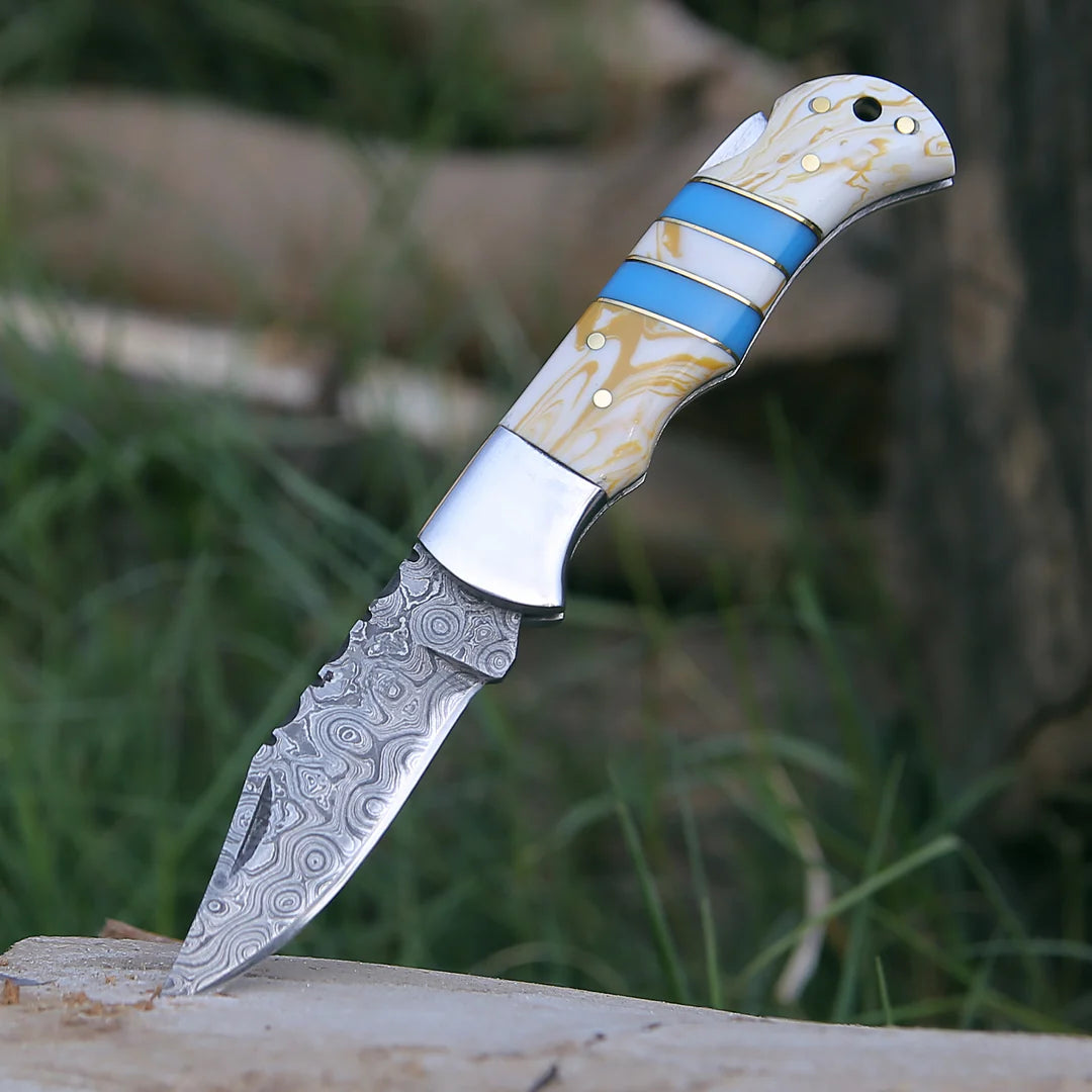 RESIN HANDLE DAMASCUS POCKET KNIFE || DRS KNIVES HUB