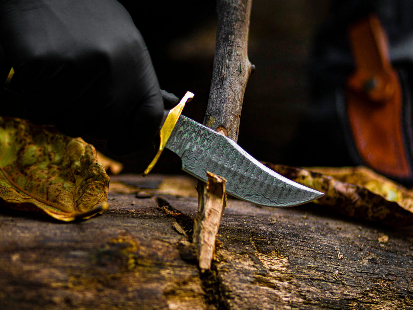 Damascus Steel Knife with Stag & Brass Guard Handle & Leather Sheath Cover
