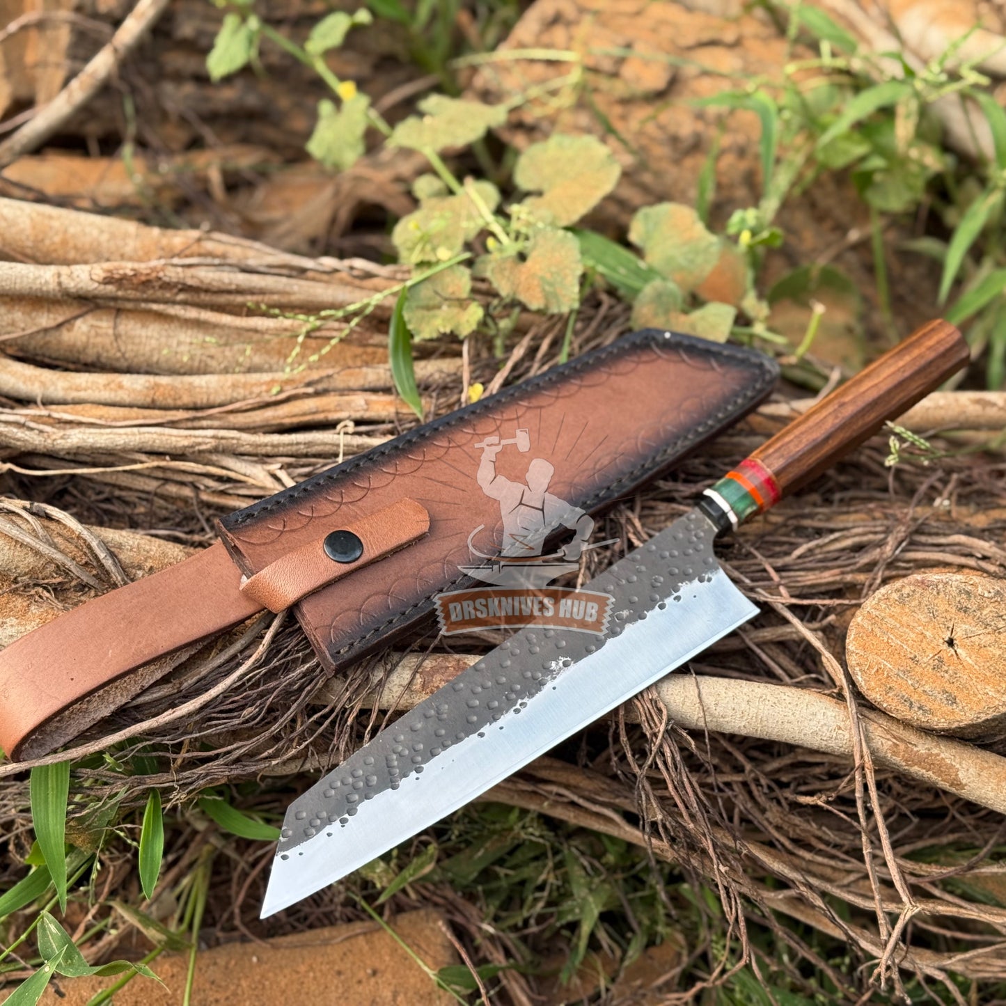 Handmade Carbon Steel Chef Knife: Rosewood Resin Handle & Leather Sheath