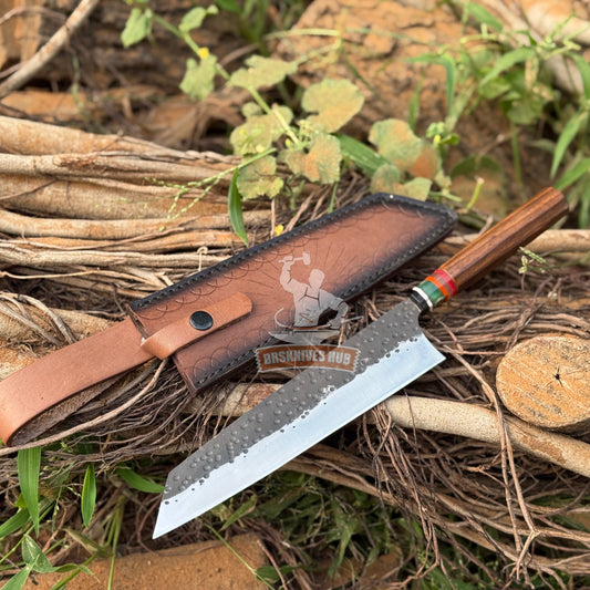 Handmade Carbon Steel Chef Knife: Rosewood Resin Handle & Leather Sheath