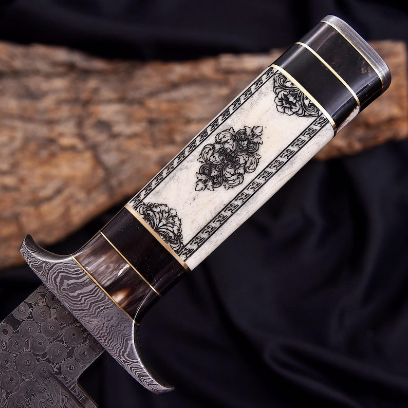 Handmade Damascus Steel Bowie Knife – Hand-Forged Hunting Knife with Camel Bone Handle & Premium Leather Sheath | DRSKNIVES HUB 