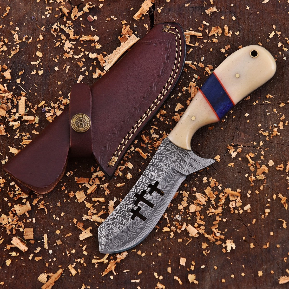 Damascus Steel Holy Wire Cut Bull Cutter Knife With Sheath