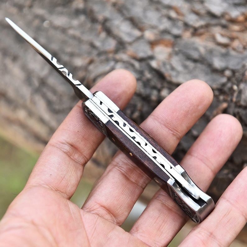 CUSTOM HANDMADE STAINLESS STEEL FOLDING POCKET KNIFE WITH LEATHER POUCH || DRS KNIVES HUB