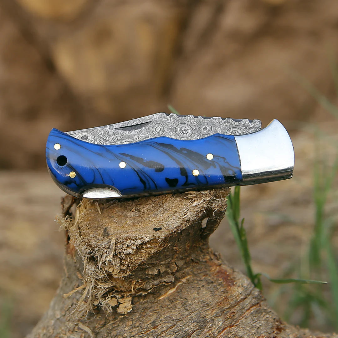 BLUE RESIN HANDLE DAMASCUS POCKET KNIFE WITH SHEATH || DRS KNIVES HUB