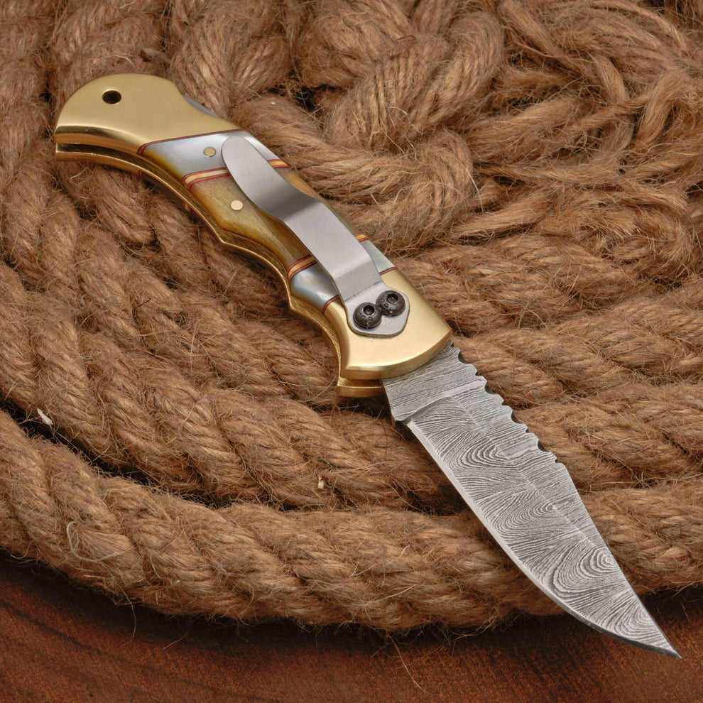 Custom handmade Damascus steel pocket knife with leather pouch || drs knives hub