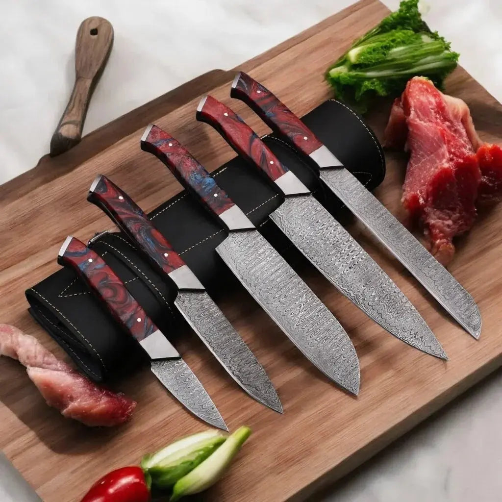 5-piece handmade chef knife set with leather sheath