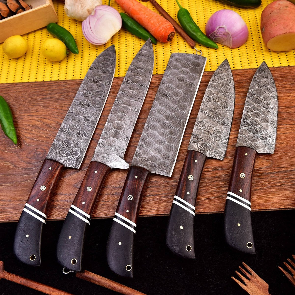 Damascus Chef Knife Set 5 Piece – Wood & Micarta with Leather Bag | DRSKNIVES HUB