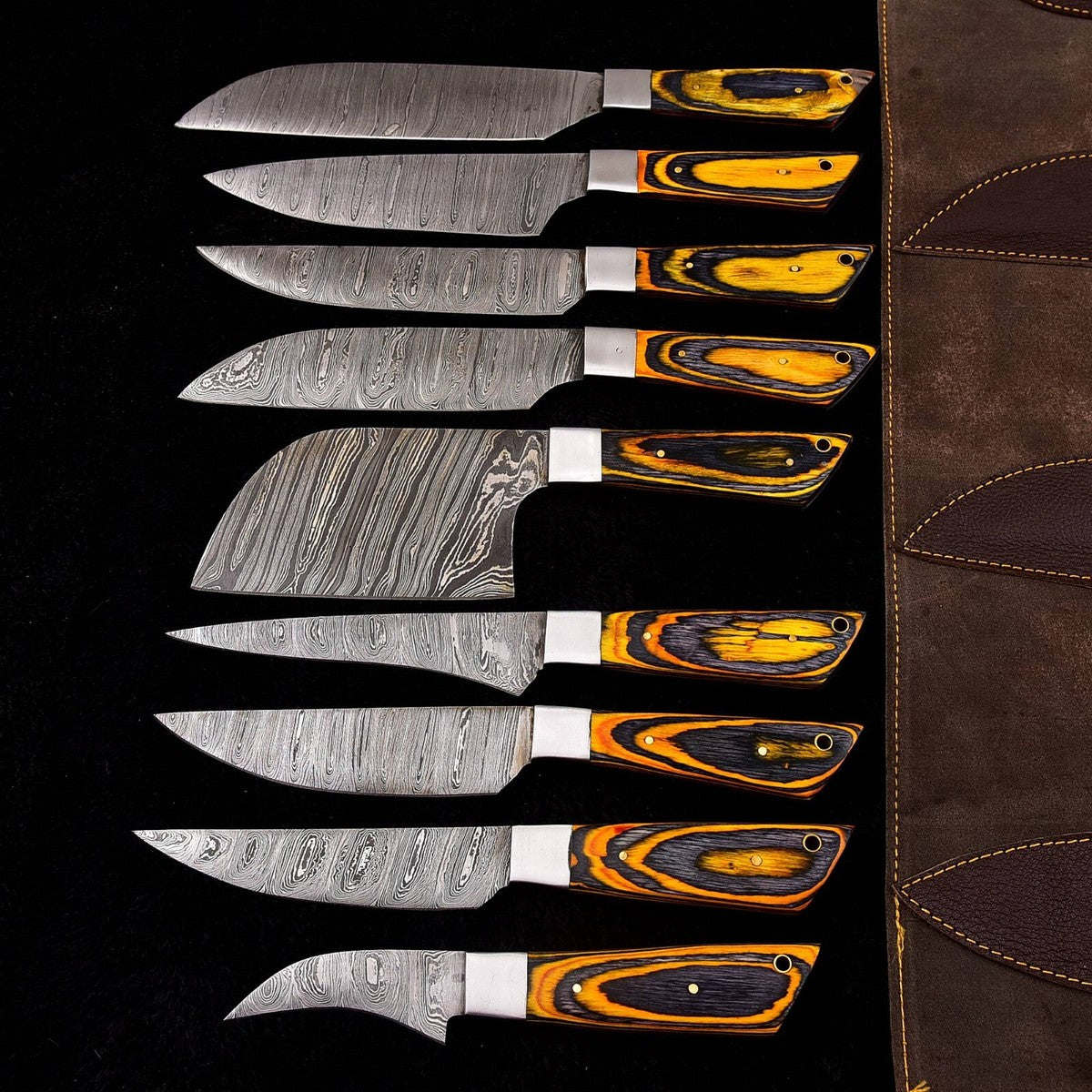 Damascus Chef Knife Set 9 Piece – Wood Handle with Leather Bag | DRSKNIVES HUB