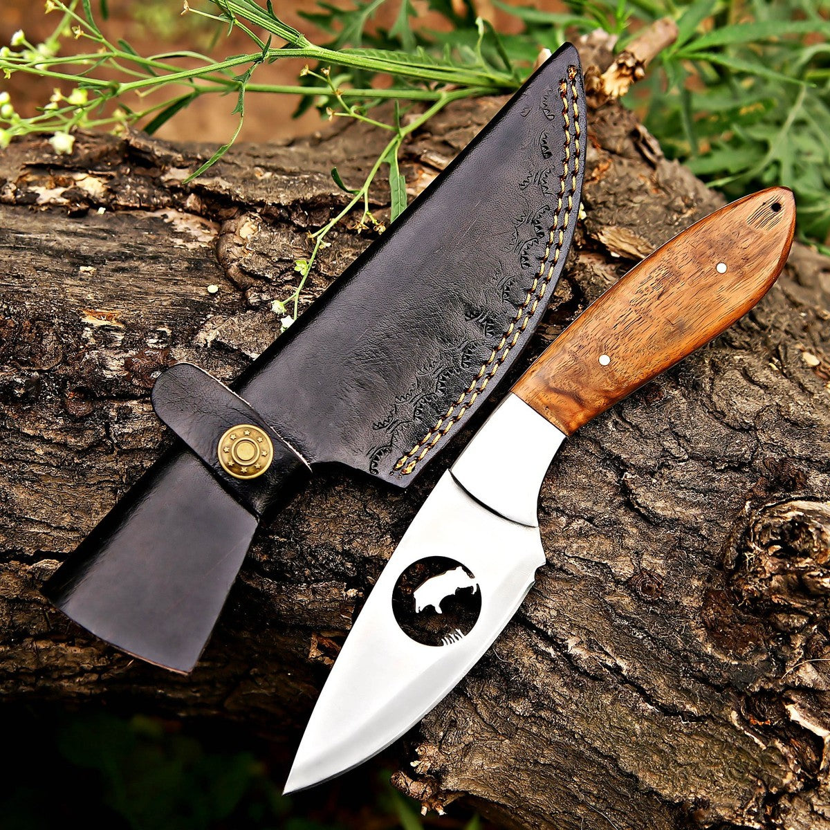 J2 Steel Skinner Knife 9" – Walnut Wood Handle Wolf Cutout | DRSKNIVES HUB