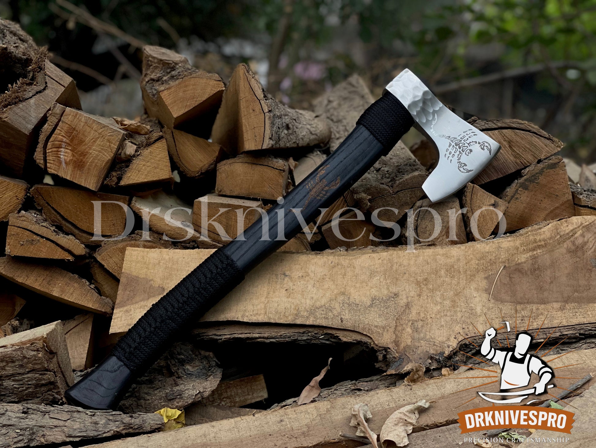 Handmade Engraved Carbon Steel Woodcarving Axe – Scorpion Design with Leather Sheath | DRSKNIVES HUB