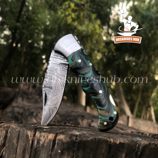 Folding Knife 6.5" handmade Damascus steel clip folding knife with leather pouch