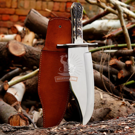 14” Bowie Style Knife – Carbon Steel Blade with Natural Stag Handle & Leather Sheath