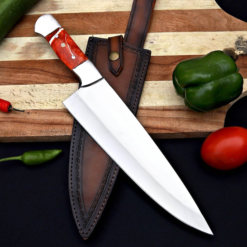 Lots Of 3 Handmade D2 Steel Blade Chef Knife With Leather Sheath Cover and Resin Handle