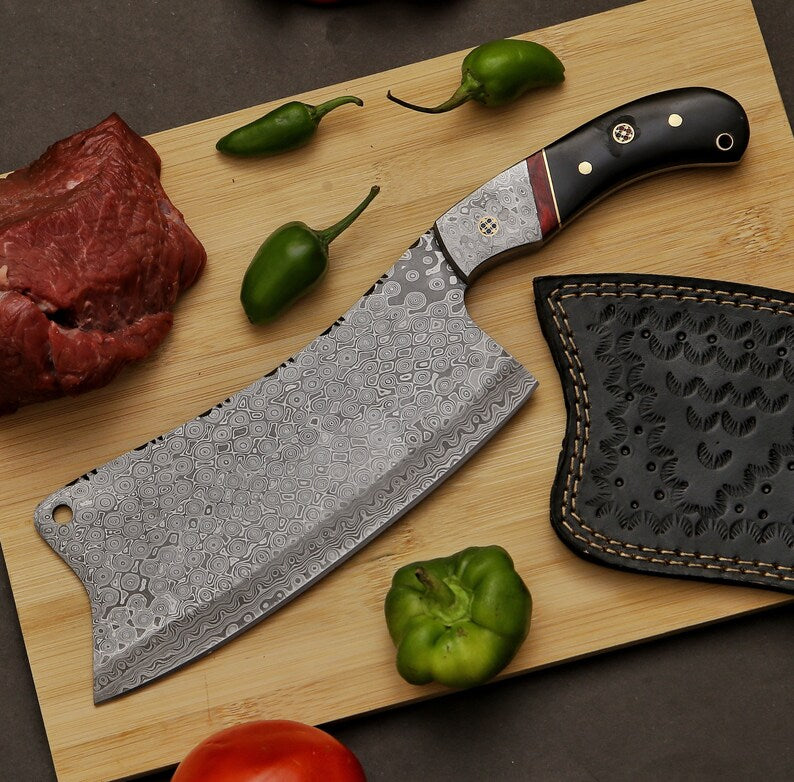 HANDMADE DAMASCUS STEEL CHOPPER /CLEAVER KNIFE WITH LEATHER SHEATH || DRS KNIVES HUB