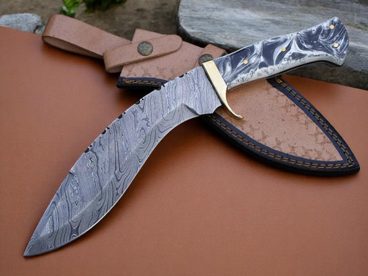 Damascus Steel Blade Handmade Kukri Knife Resin Handle With Leather sheath || Drs Knives Hub