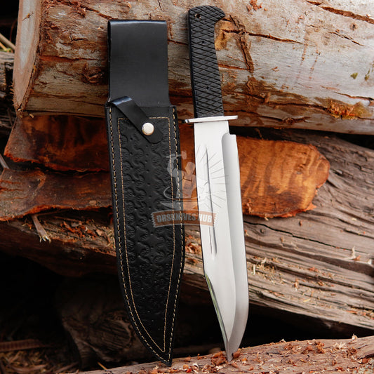 Handmade 16" Bowie Knife – Carbon Steel, Black Micarta Handle & Leather Sheath