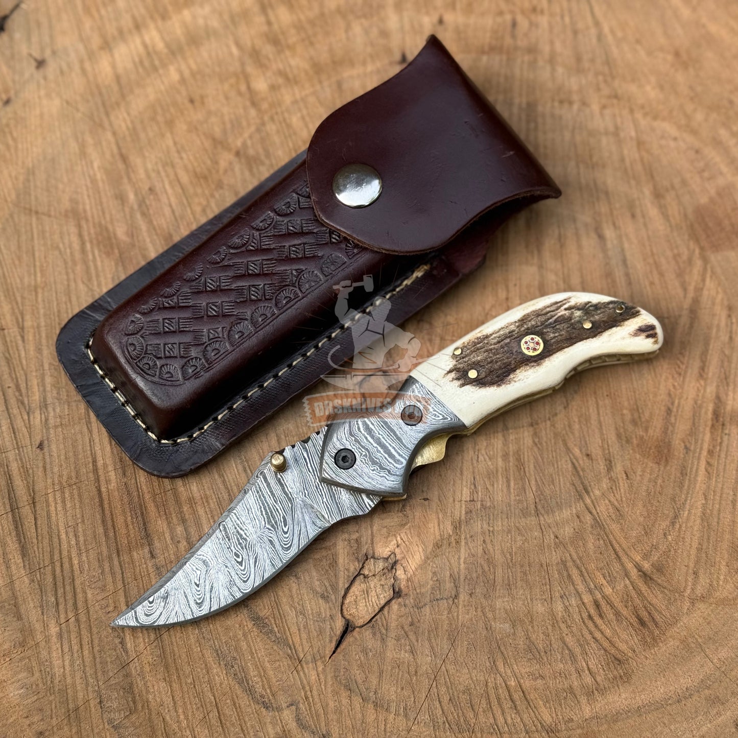 Damascus Folding Pocket Knife Stag Horn Handle With Leather Sheath