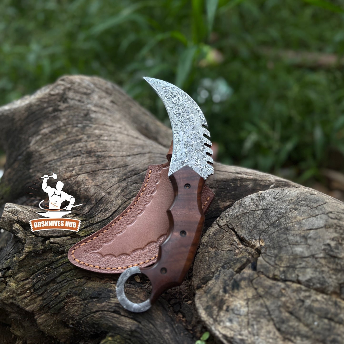 Handmade Damascus Steel Blade Wood Handle Karambit Knife With Leather Sheath Cover