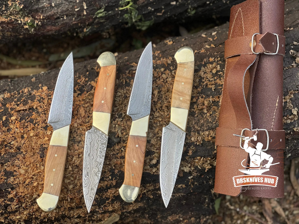 4-piece handmade Damascus steak knife set with leather roll