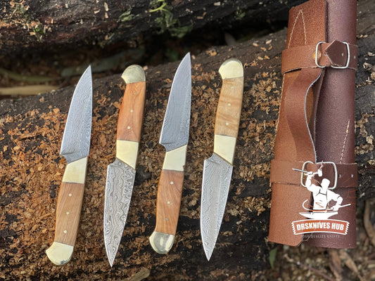 4-piece handmade Damascus steak knife set with leather roll