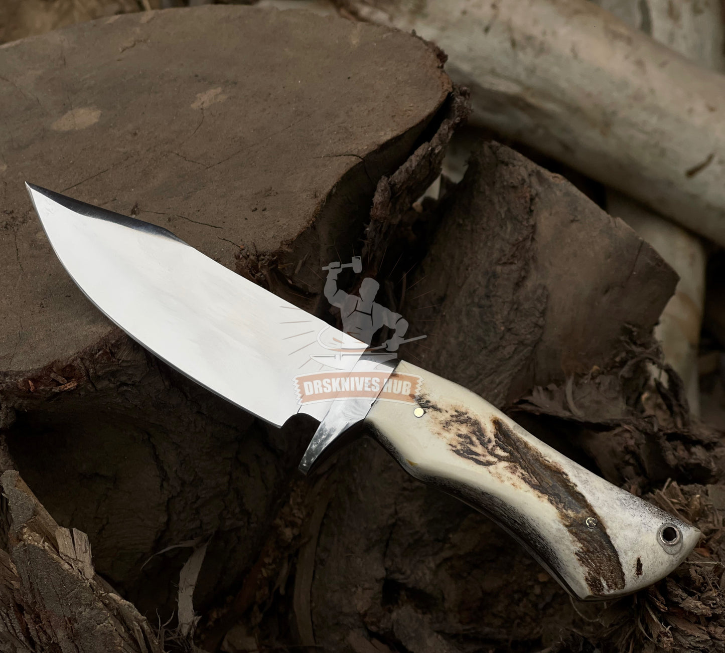 Handmade D2 Steel Hunting Knife: Stag Horn Handle, Leather Sheath