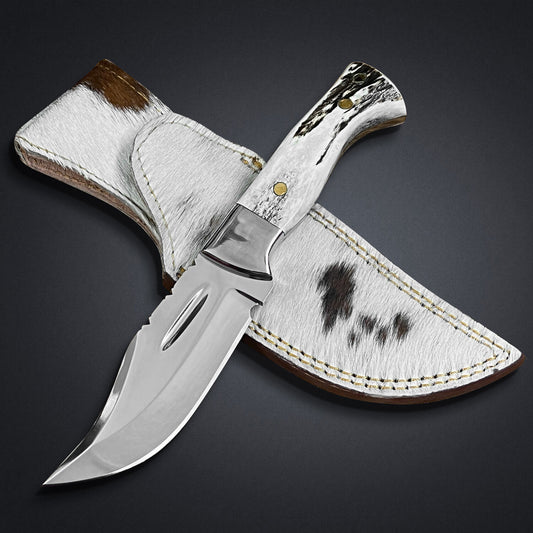 D2 Steel Fixed Blade Hunting Knife — Antler Horn Handle & Leather  Sheath | DRSKNIVES HUB