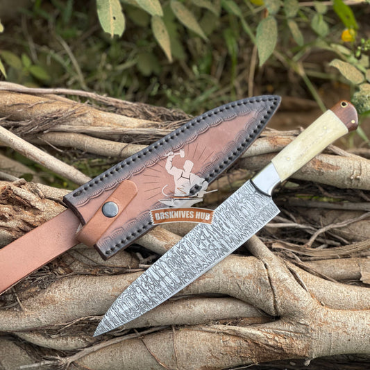 Handmade Damascus Steel Chef Knife | Rosewood & Camel Bone Handle with Leather Sheath | DRSKNIVES HUB