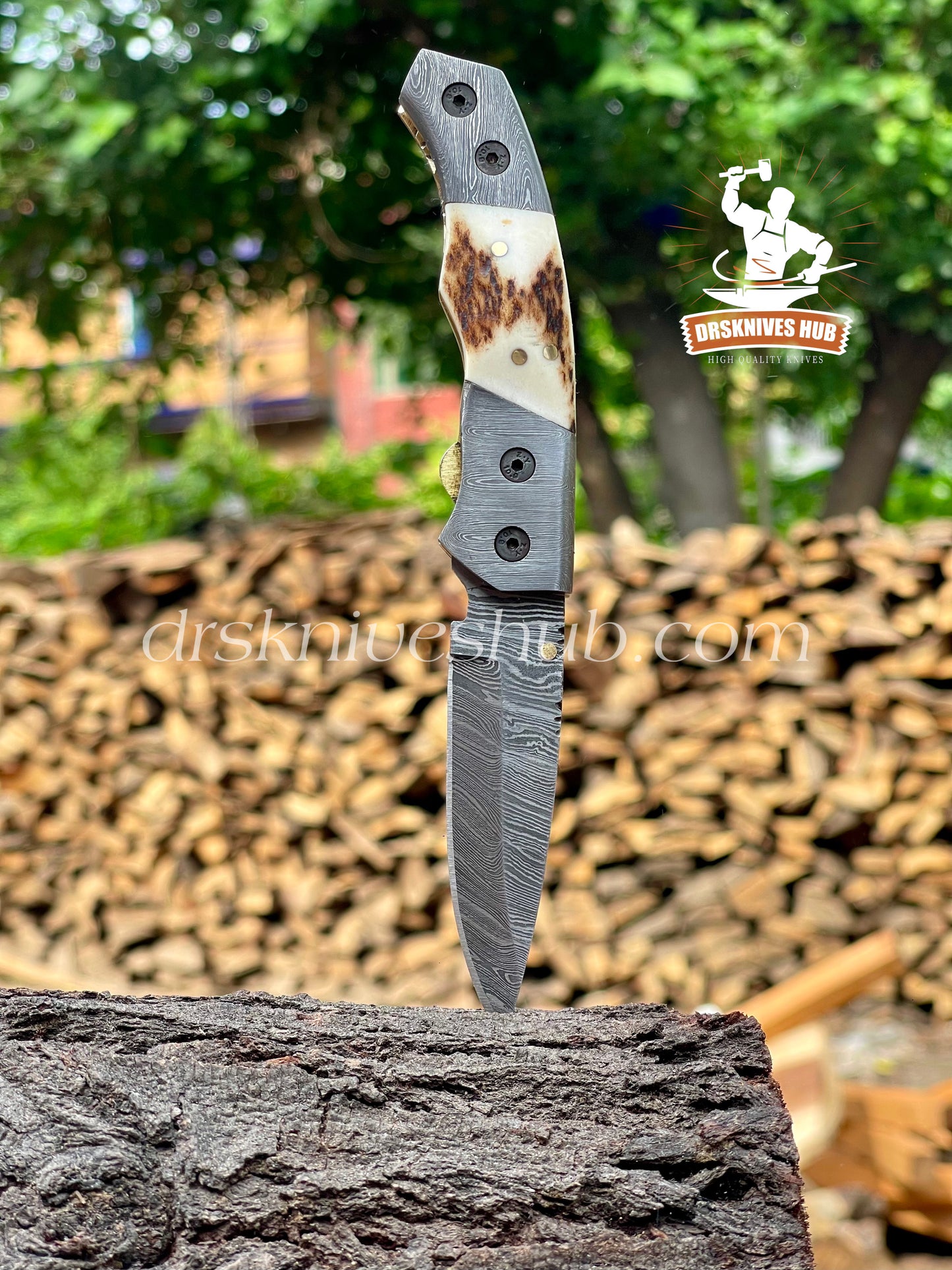 Antler Horn Handle Damascus Steel Folding Pocket Knife outdoor Knife