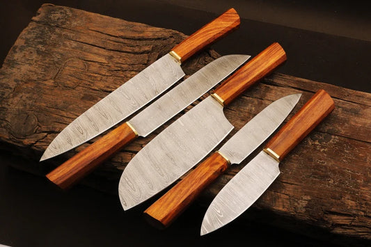 Damascus Steel 5pcs Chef Set With Beautiful Rosewood Handle