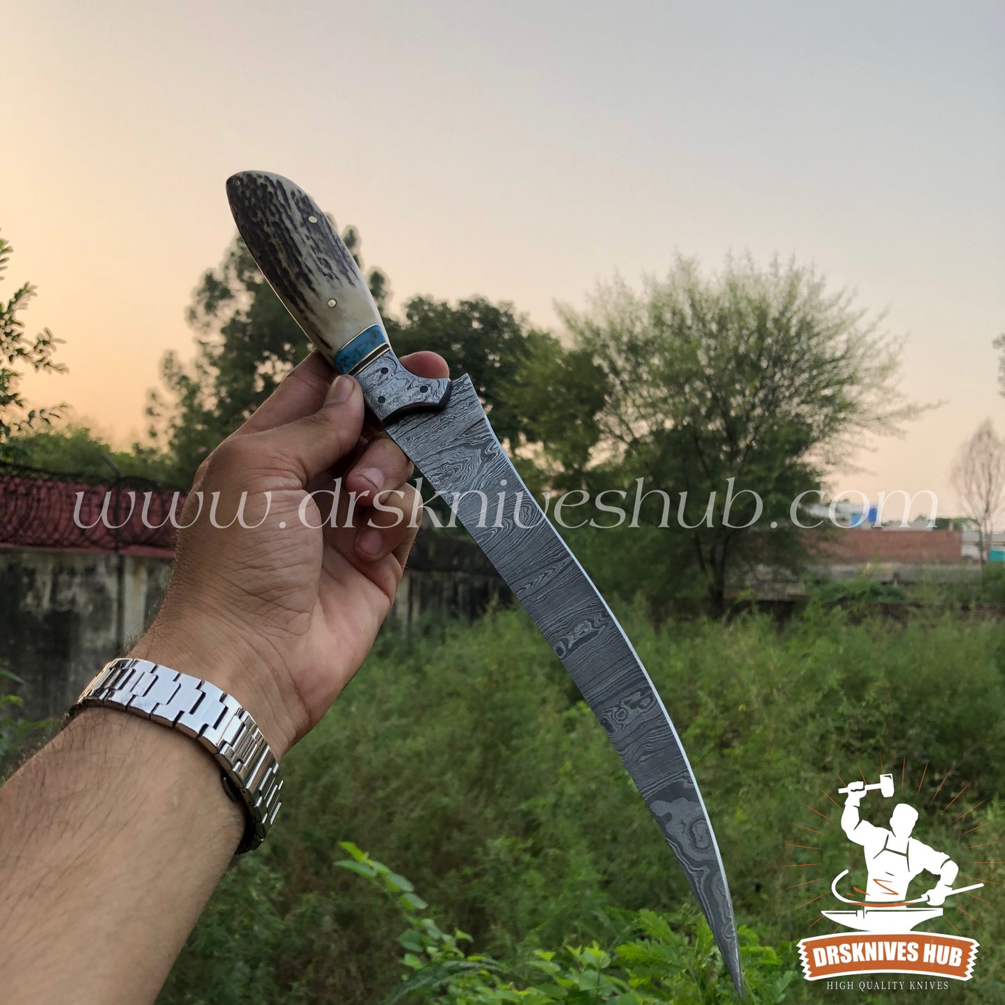 14” Fishing Fillet Knife Beautiful Handmade Damascus Steel Antler Horn Handle Fillet knife