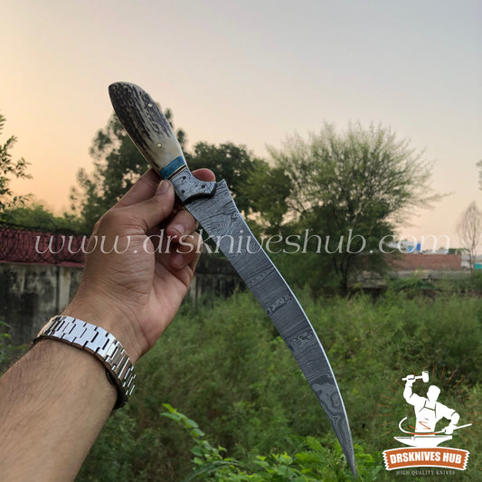 14” Fishing Fillet Knife Beautiful Handmade Damascus Steel Antler Horn Handle Fillet knife