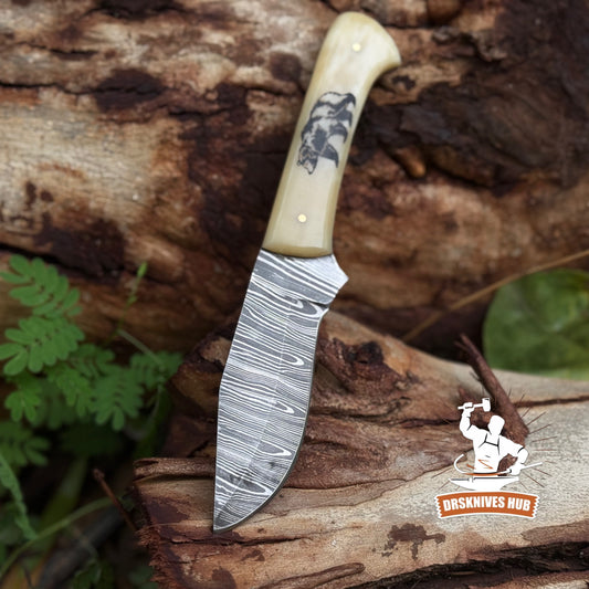 8” inches Handmade Damascus Hunting Skinner Knife Bone Handle with Bear Print | DRSKNIVES HUB