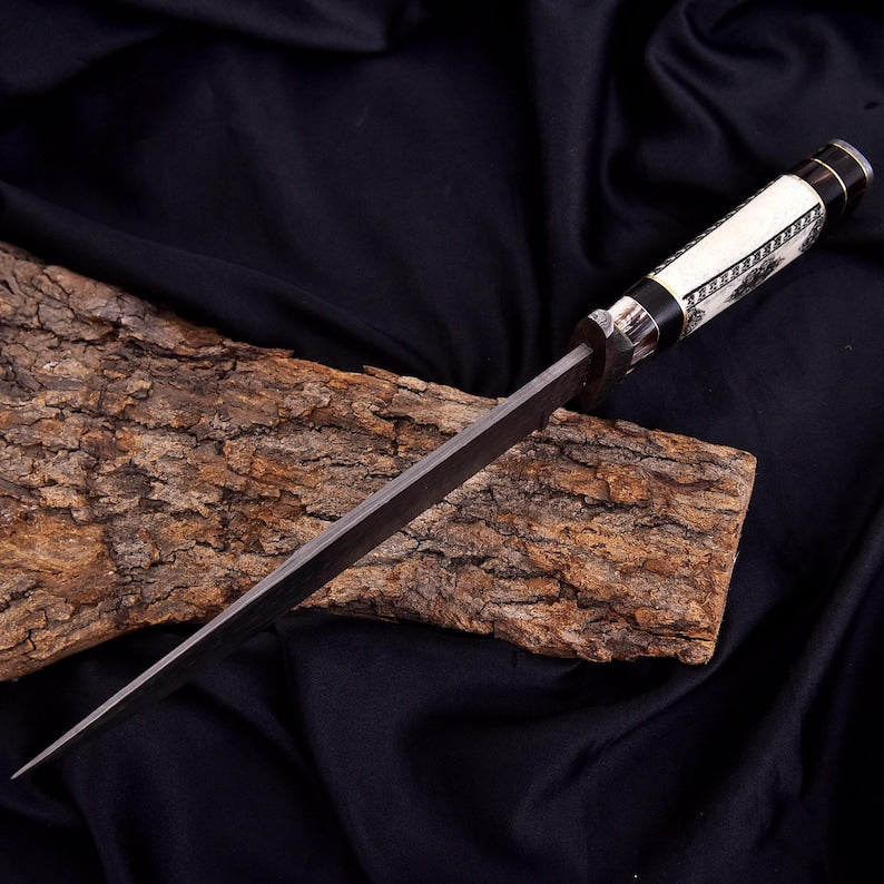 Handmade Damascus Steel Bowie Knife – Hand-Forged Hunting Knife with Camel Bone Handle & Premium Leather Sheath | DRSKNIVES HUB 