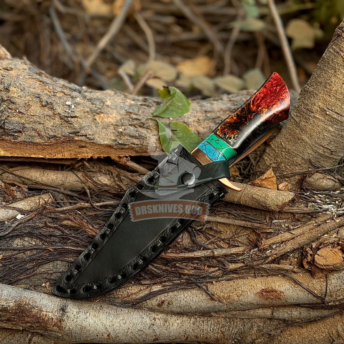 Hand Forged Copper Damascus Knife | Full Tang 12” Bowie | Resin & Stone Handle | Handmade Leather Sheath | DRSKNIVES HUB