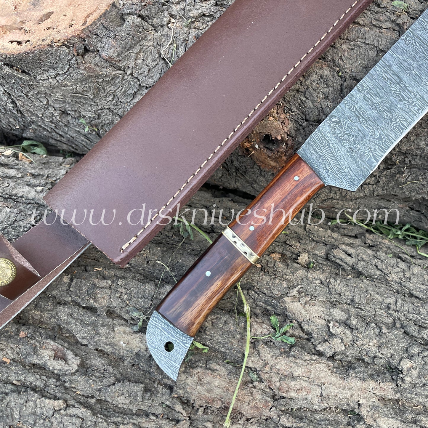 Handmade Damascus Steel Blade Brisket Knife With Leather Cover Rose Wood Handle