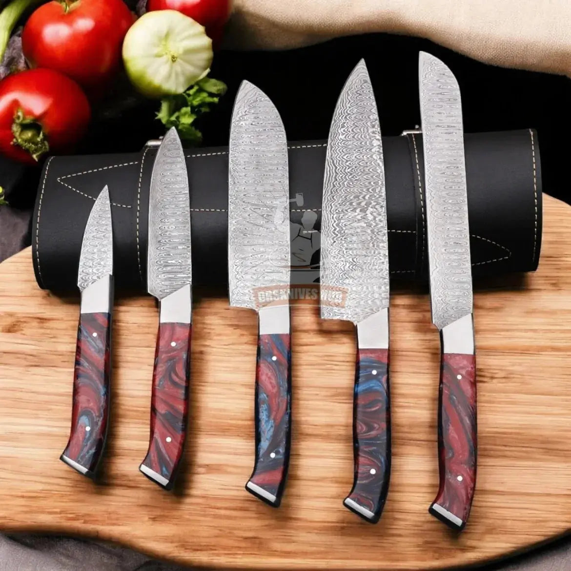 handmade 5-piece kitchen knife set with leather sheath