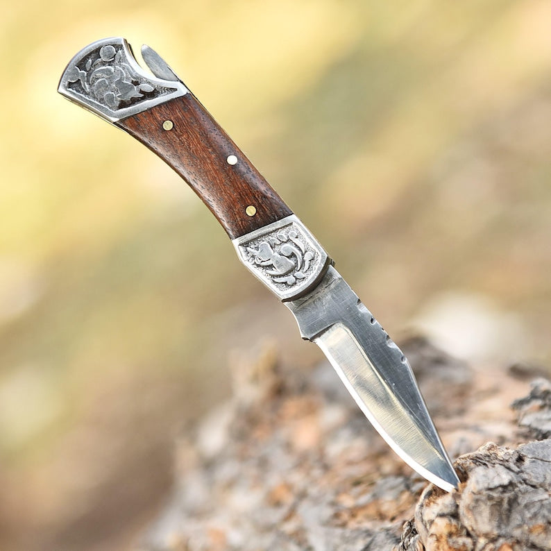 CUSTOM HANDMADE STAINLESS STEEL FOLDING POCKET KNIFE WITH LEATHER POUCH || DRS KNIVES HUB