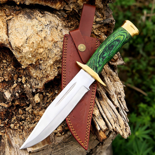 Custom Handmade hunting Knife with Green Resin Handle & Brass Guard
