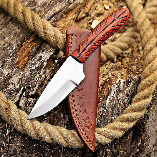 Custom Handmade skinner Knife with Carved Wood Handle & Leather Sheath