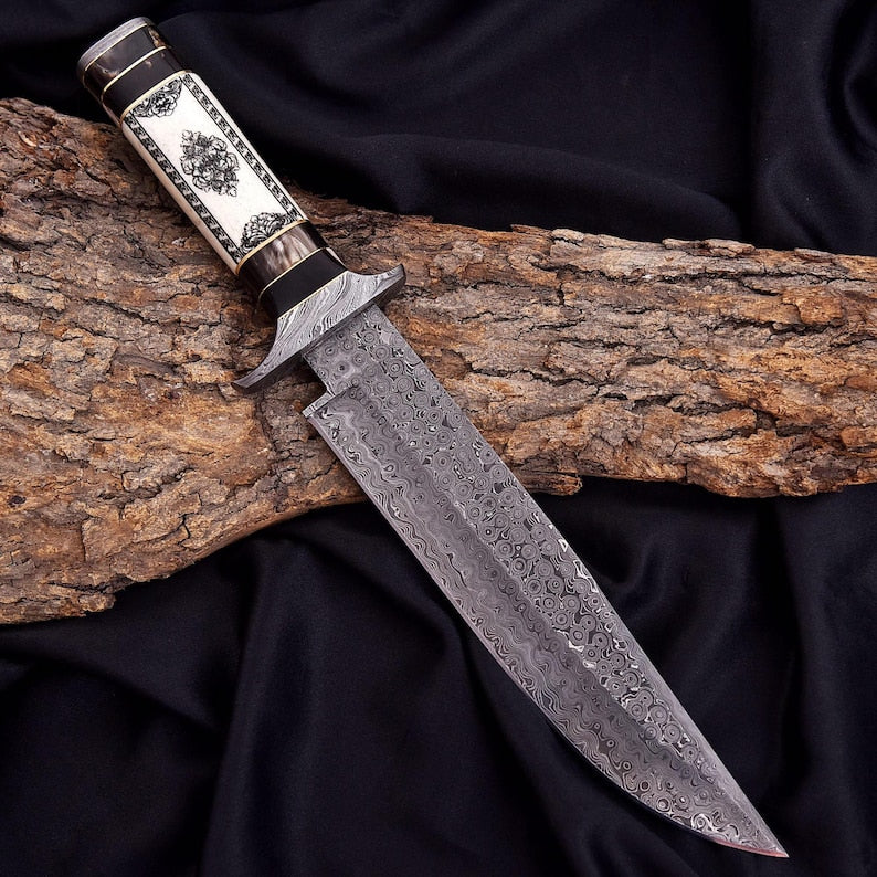 Handmade Damascus Steel Bowie Knife – Hand-Forged Hunting Knife with Camel Bone Handle & Premium Leather Sheath | DRSKNIVES HUB 