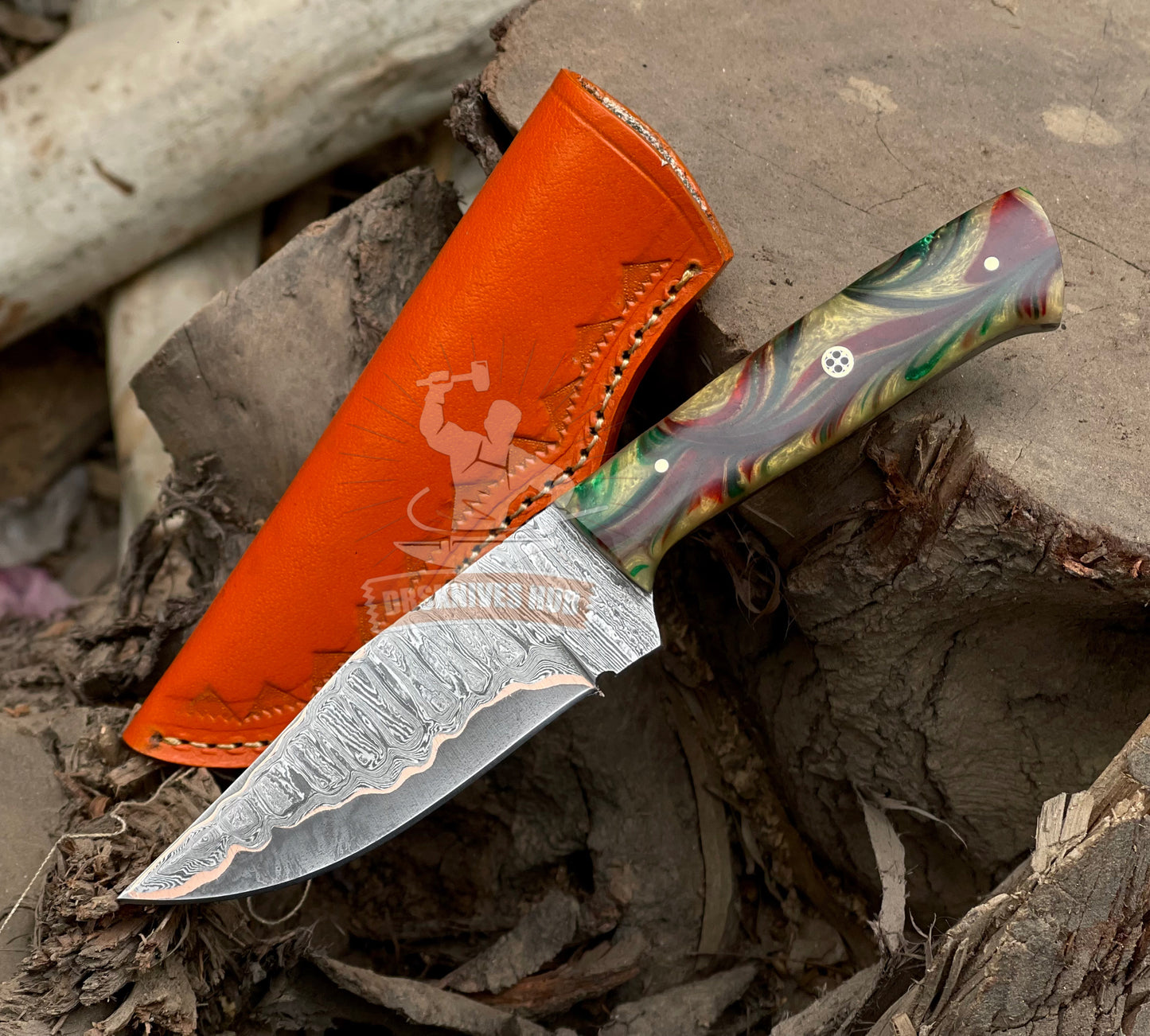 Western knife Handmade copper Damascus hunting knife with leather sheath