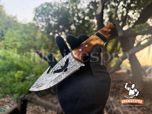 Personalized Hunting Knife Handcrafted Damascus Steel + Antler Handle With Leather Sheath