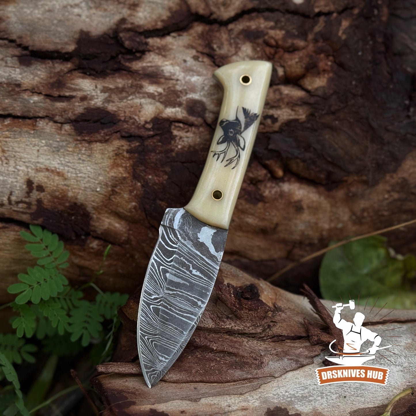 Handmade Damascus Hunting Skinner Knife Bone Handle with Deer Print | DRSKNIVES HUB
