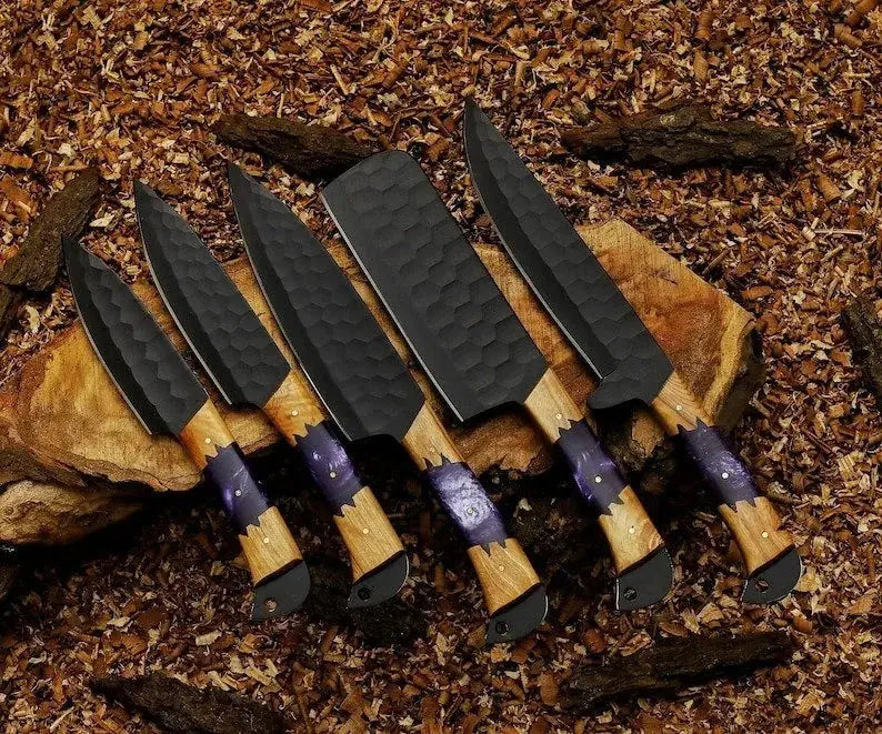 5-piece carbon steel chef knife set with resin and wood handles