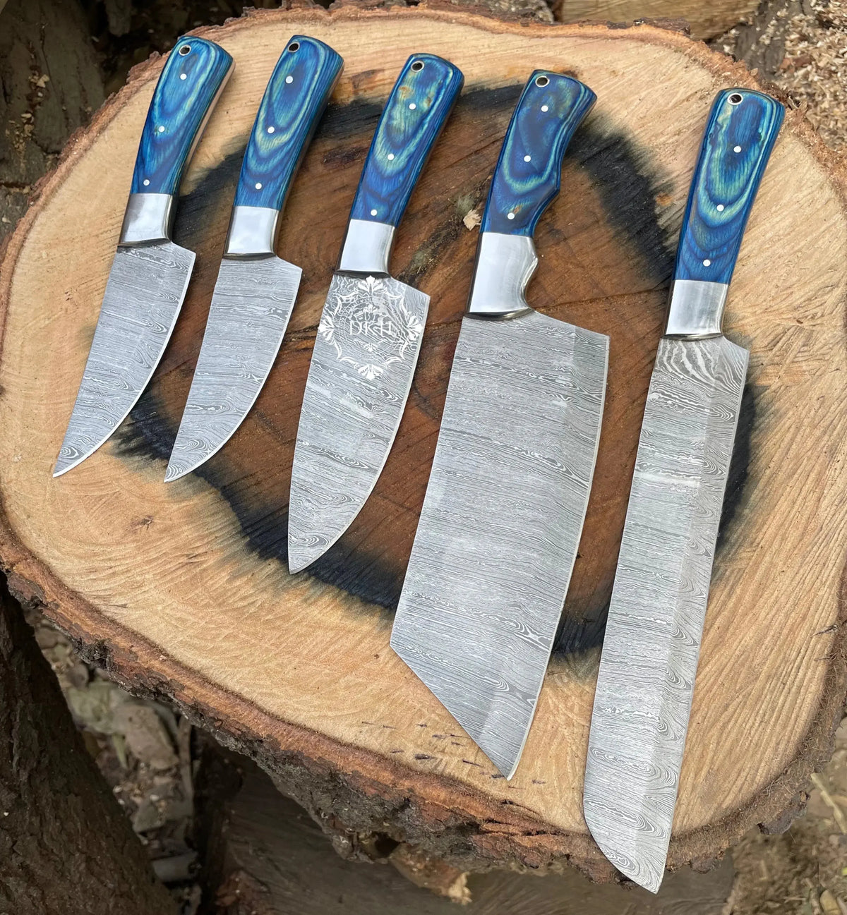 5-piece handmade Damascus chef knife set with leather roll