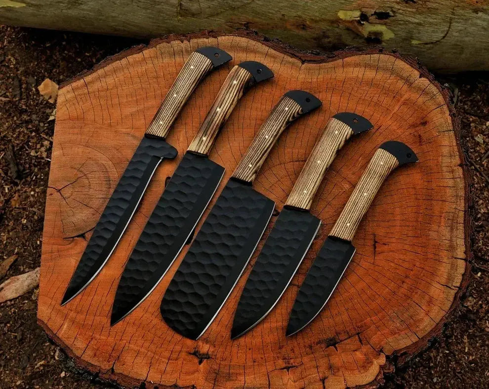 5-piece handmade Damascus chef knife set with powder-coated blades