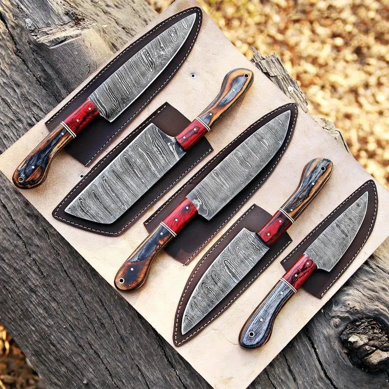 5-piece Damascus chef knives with wood handles