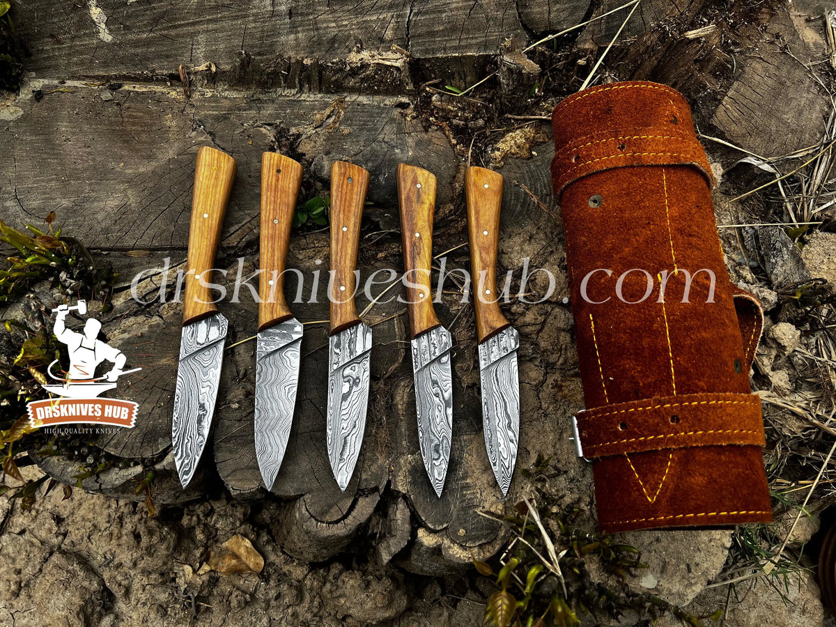5-piece handmade Damascus steak knife set with wood handles and leather roll