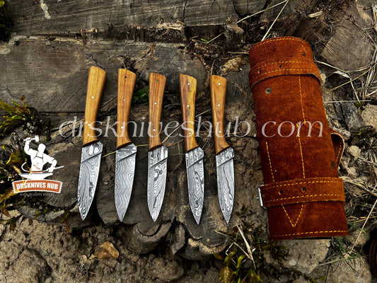 5-piece handmade Damascus steak knife set with wood handles and leather roll