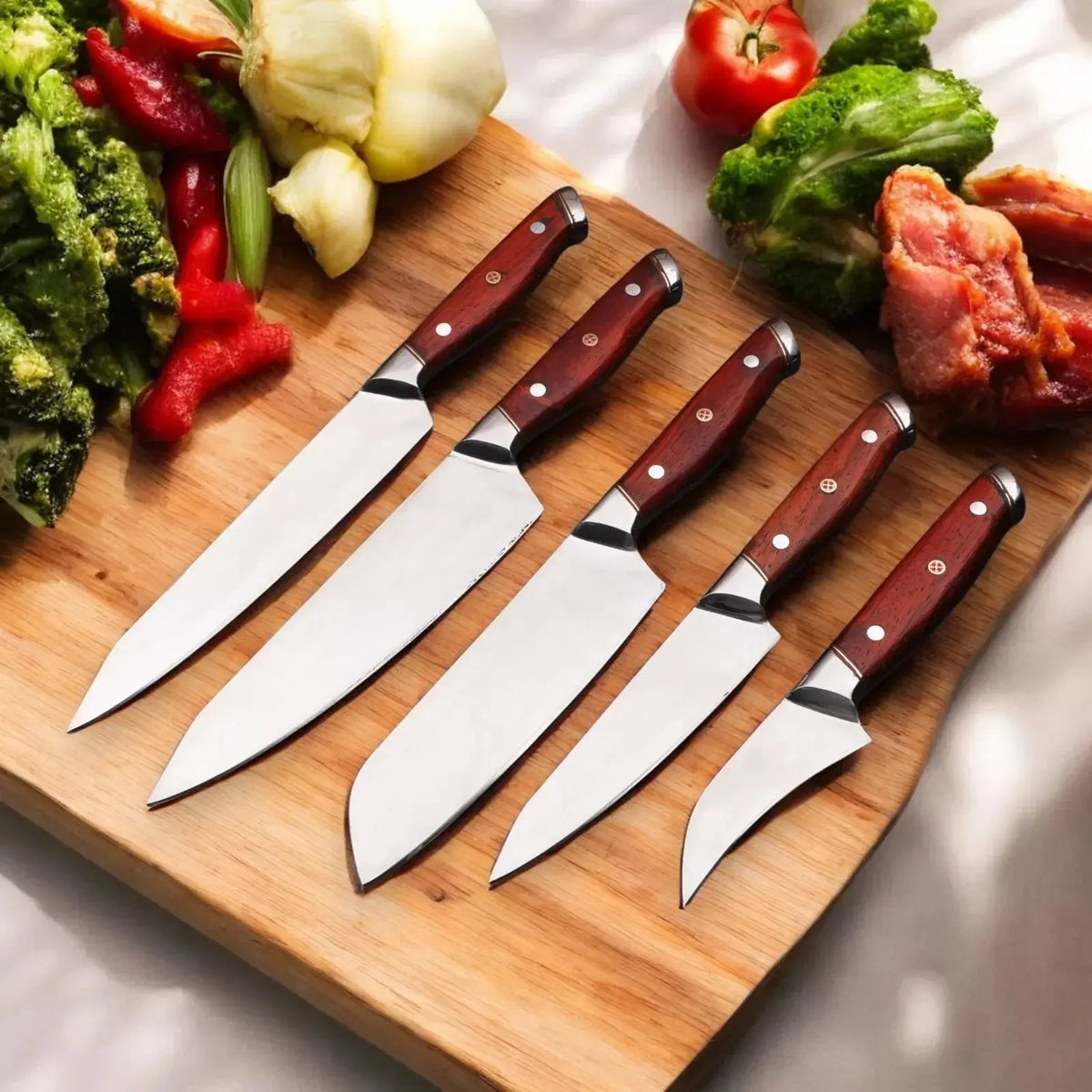 5-piece full-tang kitchen knife set with Padauk wood handles
